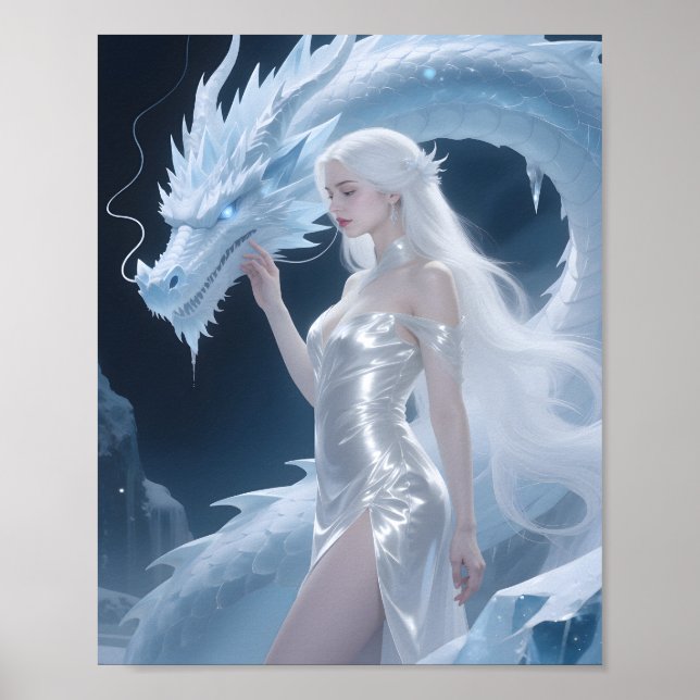 Poster White Ice Dragon Queen Fantasy Silver Blue (Frente)