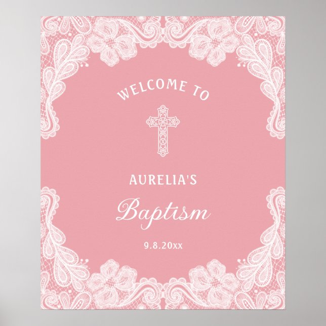 Poster White Lace on Pink Baptism Welcome (Frente)