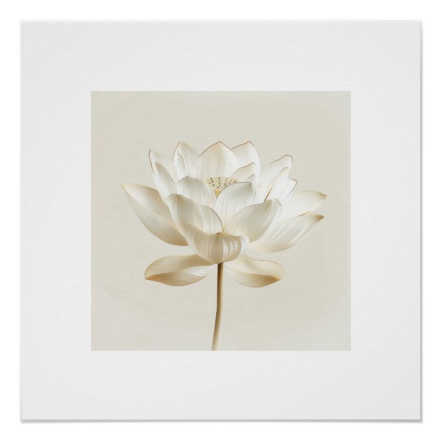 Pôster White Lotus Flower Wall Art – Minimal Zen Beige Bo (Frente)