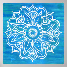 White Mandala Watercolor Blue Waves
