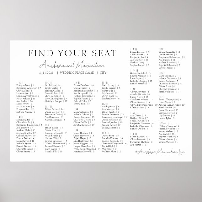 Poster White Minimal Wedding Alphabetical Seating Chart (Frente)