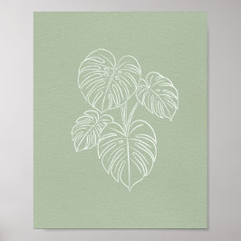 Poster White Monstera Leaf Line Art on Sage Green 