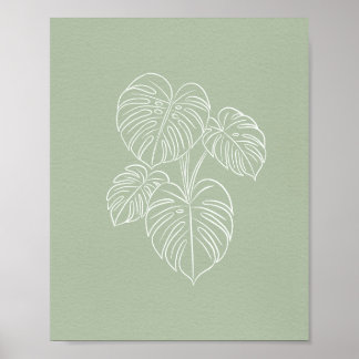 Poster White Monstera Leaf Line Art on Sage Green
