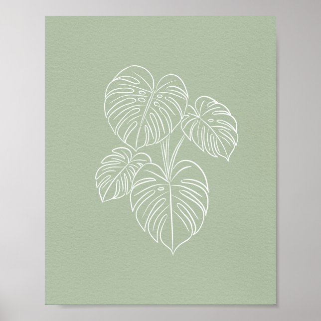 Poster White Monstera Leaf Line Art on Sage Green  (Frente)
