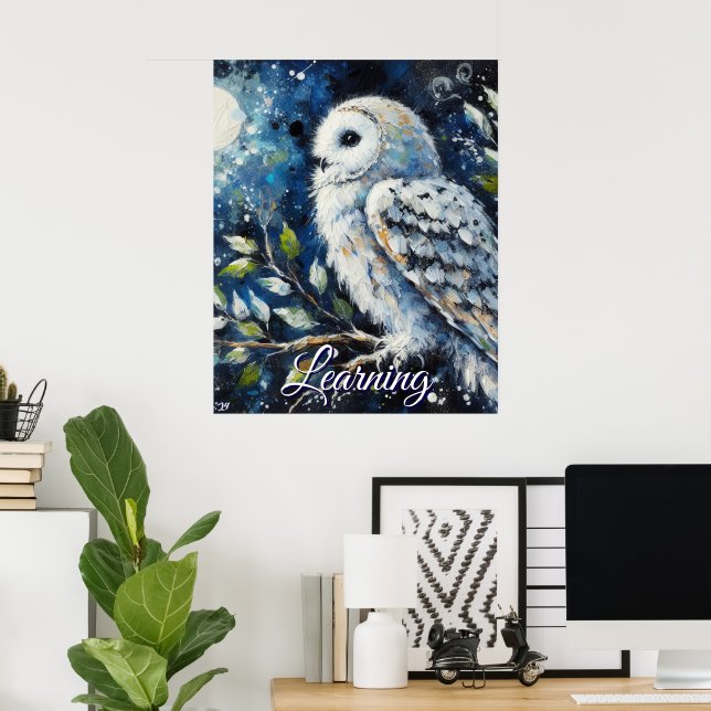 Poster White Owl On Branch Moonlight Personalized Paper (Escritório em casa)
