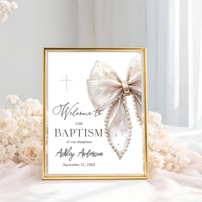 Poster White Pearl Bow Baptism Welcome  (Criador carregado)