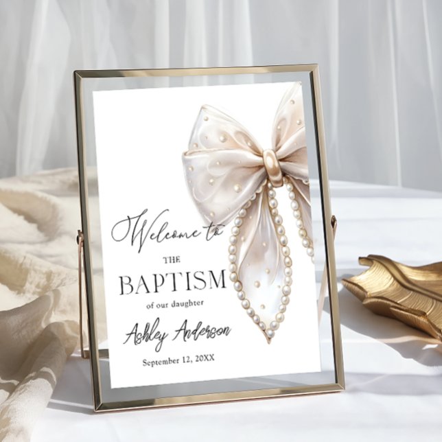 Poster White Pearl Bow Baptism Welcome  (Criador carregado)