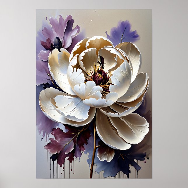 Poster White Peony Flower Oil Painting (Frente)