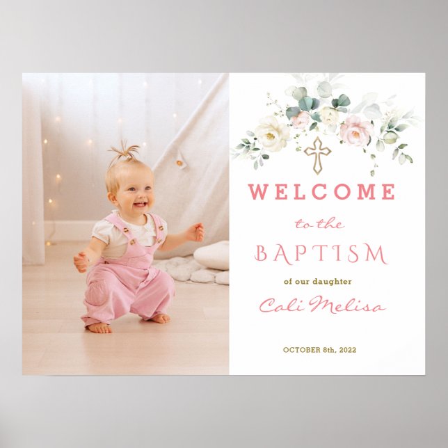 Poster White Pink Floral Girl Photo Baptism Welcome Sign (Frente)