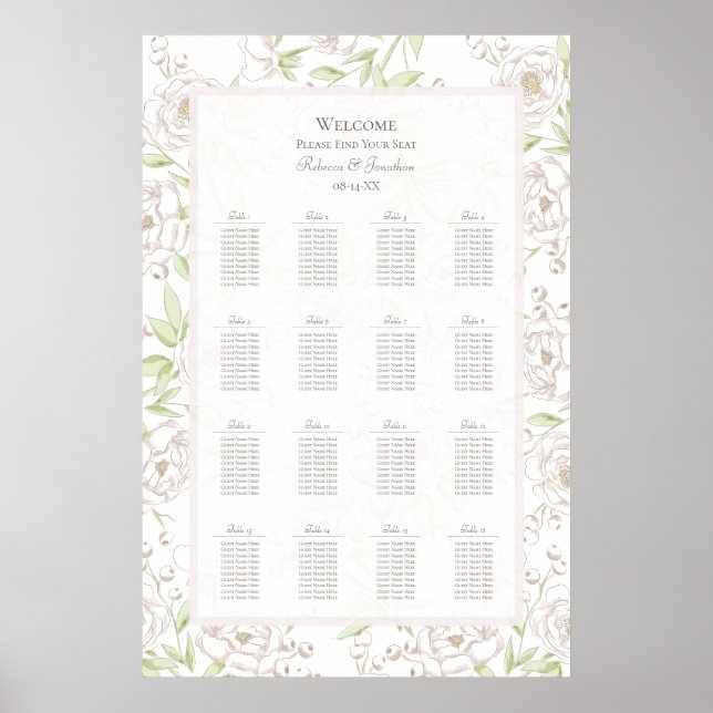 Poster White Rose Classic Wedding Seating Chart (Frente)