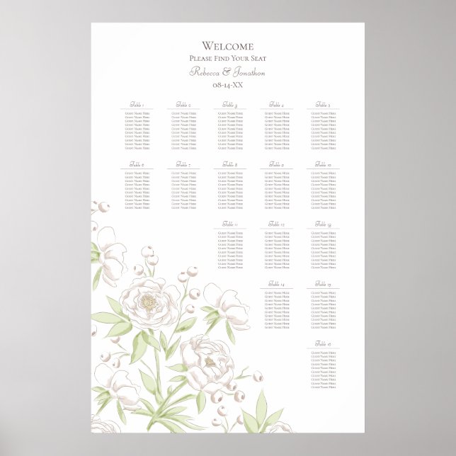 Poster White Rose Classic Wedding Seating Chart (Frente)