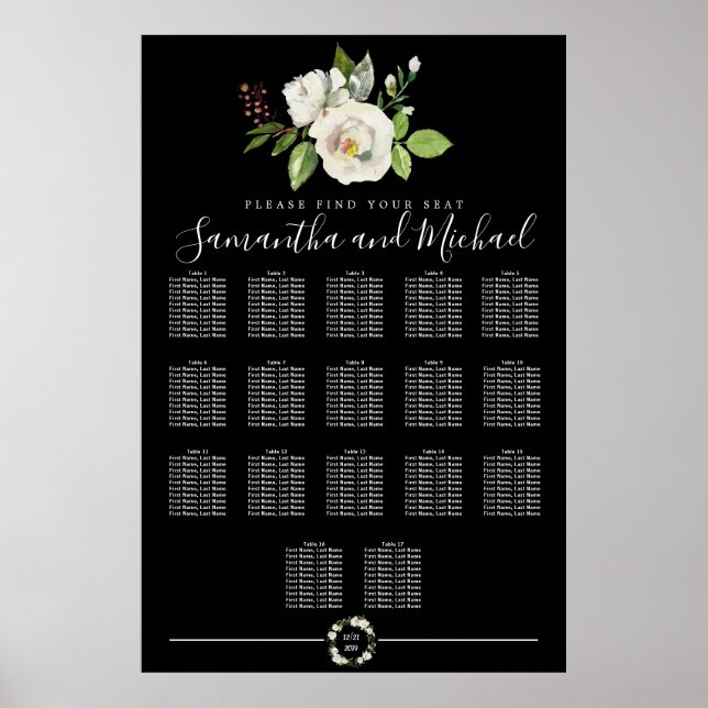 Poster White Rose Floral on Black 17-Table Seating Chart (Frente)