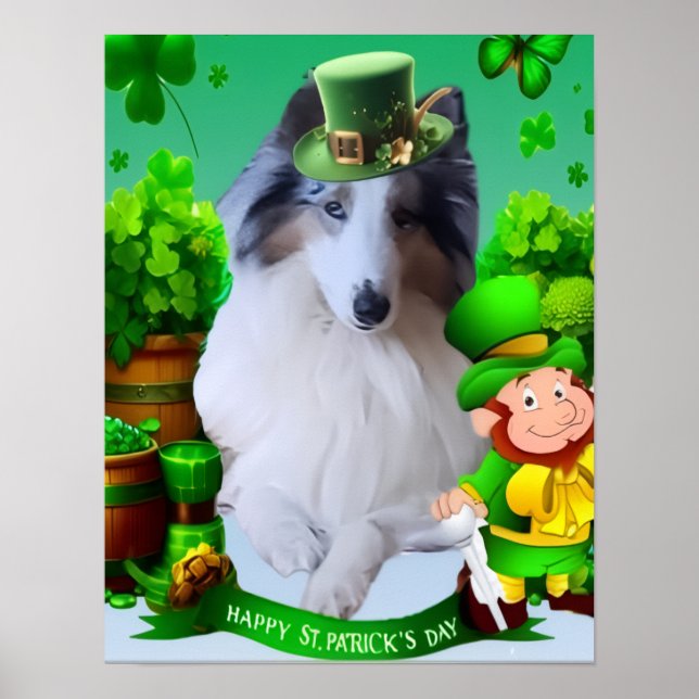 Poster White Rough Collie celebrating St. Patrick's Day (Frente)