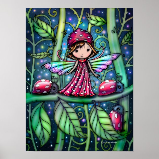Poster White Spotted Ladybug Fairy Fantasy Art (Frente)
