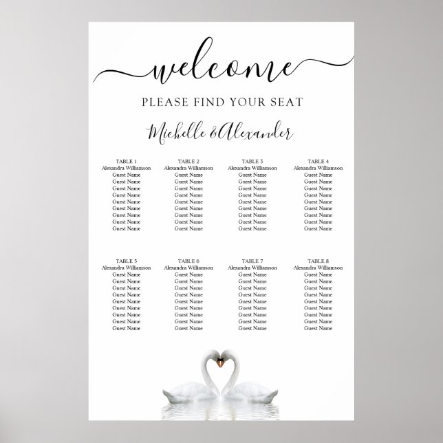 Poster White swans love birds weddings seating chart (Frente)