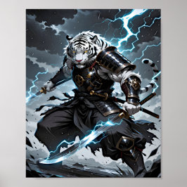 Poster White Tiger Samurai Warrior Blue Lightning Fantasy