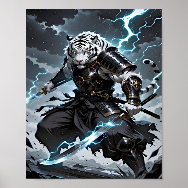 Poster White Tiger Samurai Warrior Blue Lightning Fantasy (Frente)