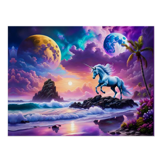Pôster White Unicorn Fantasy Tropical Beach (Frente)