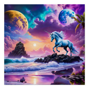 Pôster White Unicorn Fantasy Tropical Beach