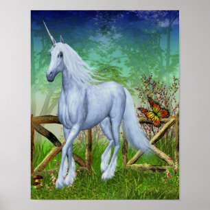 Poster White Unicorn Woodland Gate Fantasy Horart