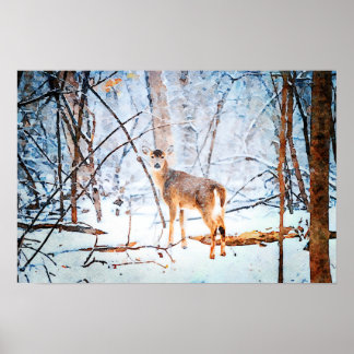 Poster Whitetail Deer in Snow Watercolor Painting Art