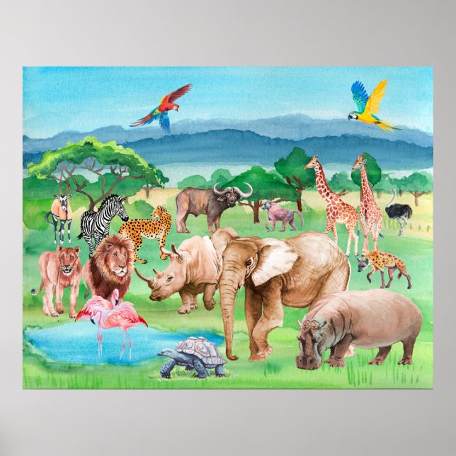 Poster Wild animals of Africa on the background of the sa (Frente)