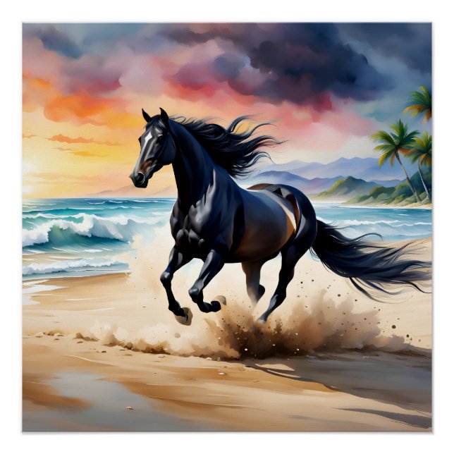 Pôster Wild black stallion galloping (Frente)