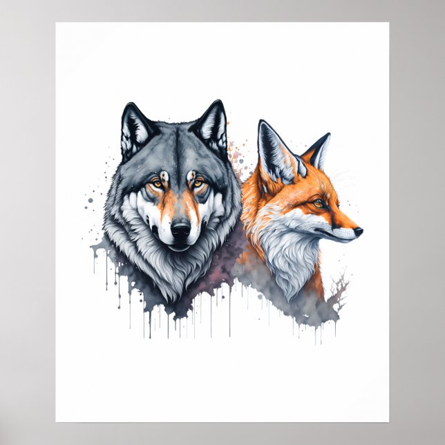 Poster Wild Harmony: Lobo e Raposa de Aquarela (Frente)