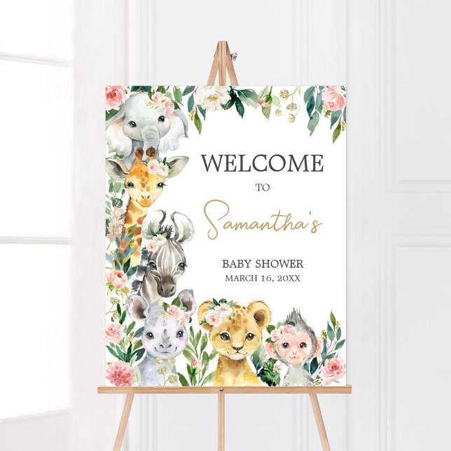 Poster Wild One Floral Safari Chá de fraldas Bem-vindo (Greenery Floral Wild One Baby Shower Welcome Sign)