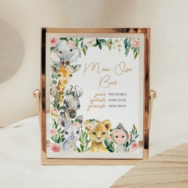 Poster Wild One Floral Safari Chá de fraldas Mãe Osa Bar (Greenery Floral Wild One Baby Shower Mom Osa Bar Sign)