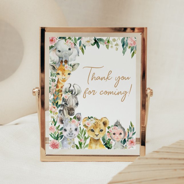 Poster Wild One Floral Safari Obrigado por vir (Greenery Floral Wild One Baby Shower Thank you for Coming Sign)