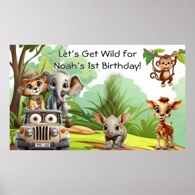 Poster Wild One Jungle Safari Birthday Banner – 1st Birth (Frente)