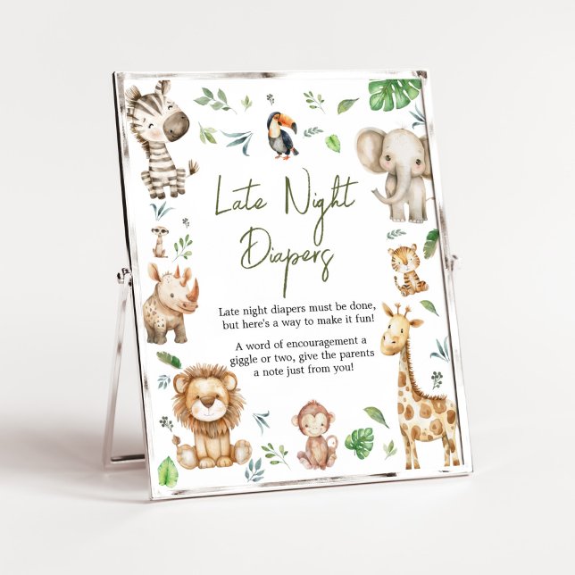 Poster Wild One Safari Fraldas Noturnas (Little Wild One Safari Animals Baby Shower Late Night Diapers Sign)