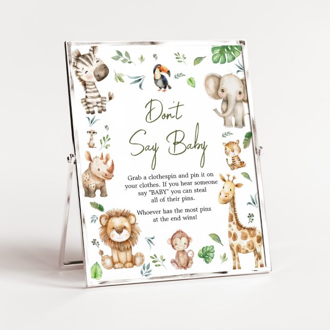 Poster Wild One Safari Não diga Chá de fraldas (Little Wild One Safari Animals Baby Shower Don't Say Baby Sign)