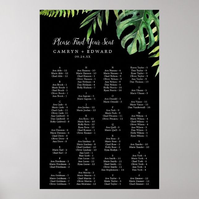 Poster Wild Palm | Gráfico de assentos alfabéticos em pre (Frente)
