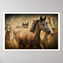 Poster Wild Running Horses: Western Rustic Wildlife Art