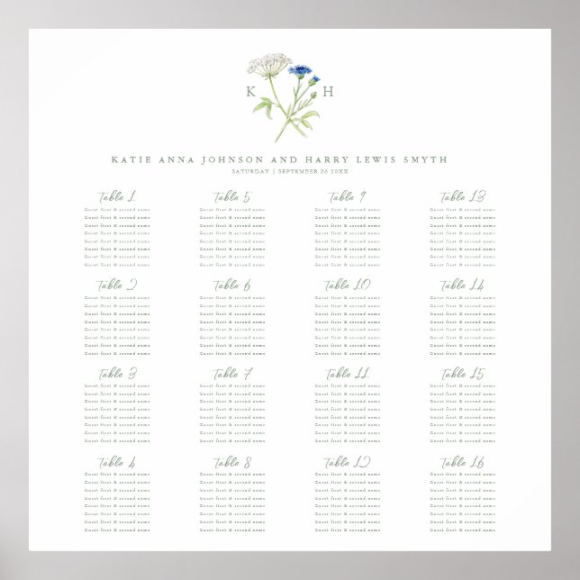 Poster Wildflower monogram green wedding 16 table seating (Frente)