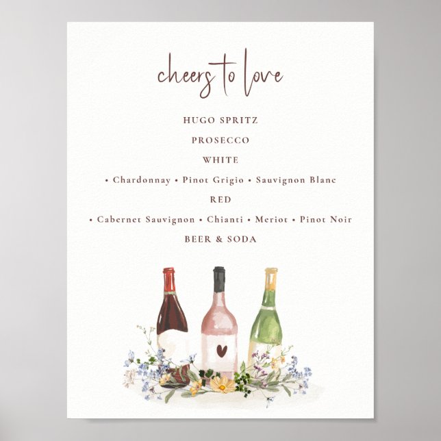 Poster Wildflower Wine Bottles Drinks Sign Bridal Shower (Frente)