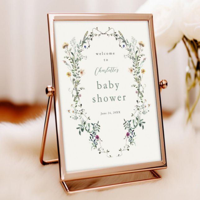 Poster Wildflower Wreath Primavera Chá de fraldas Bem-vin (Elegant floral wreath wildflower baby shower welcome sign.)