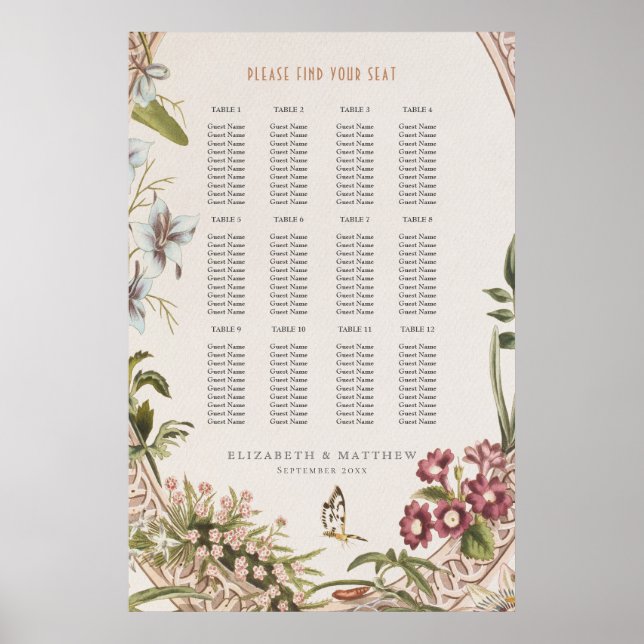 Poster Wildflowers Seating Chart Vintage Wedding (Frente)
