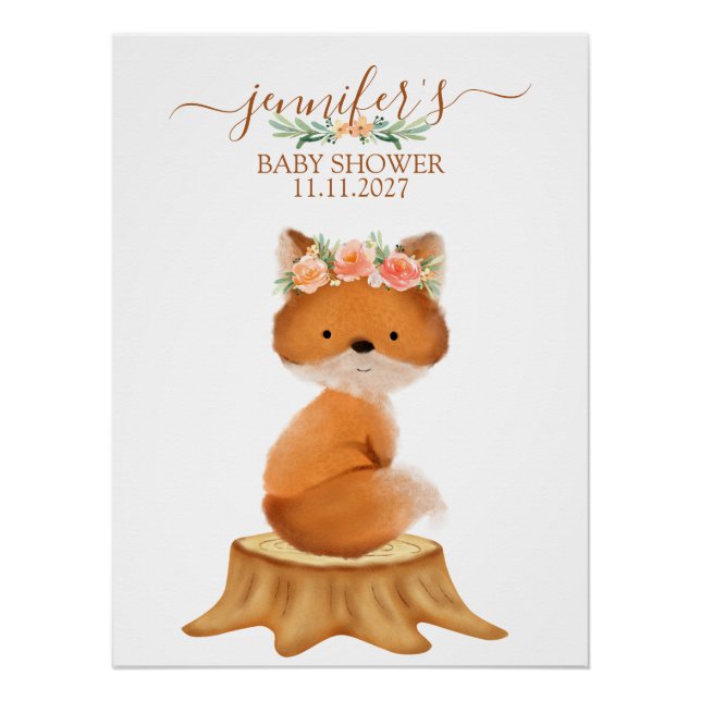 Pôster Wildlife Fox and Flower baby shower (Frente)