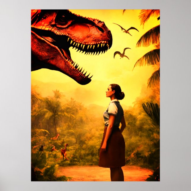 Poster Will the T-Rex Get the Girl in the Forest on Wall (Frente)