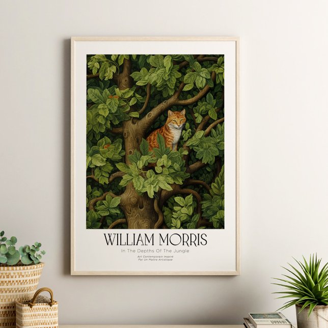 Poster William Morris Vintage Cat na selva (William Morris Vintage Cat in the Jungle Poster in a neutral boho living room in a wooden frame.)