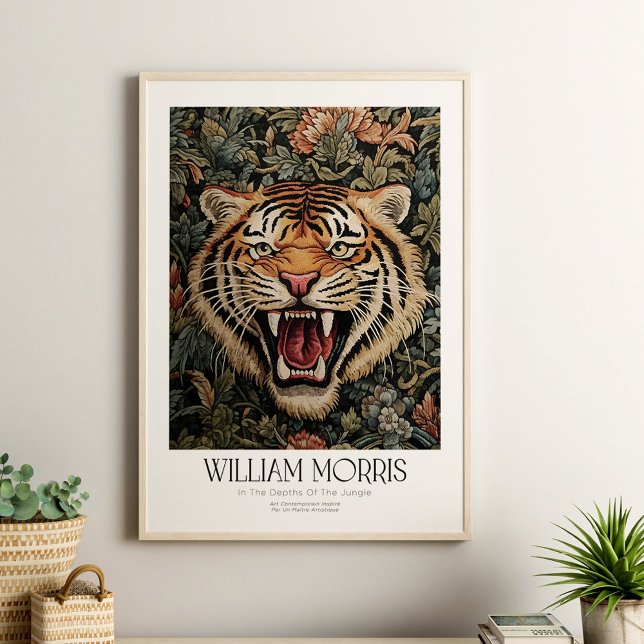 Poster William Morris Vintage Floral Tiger (William Morris Vintage Floral Tiger Poster in a neutral boho living room in a wooden frame)