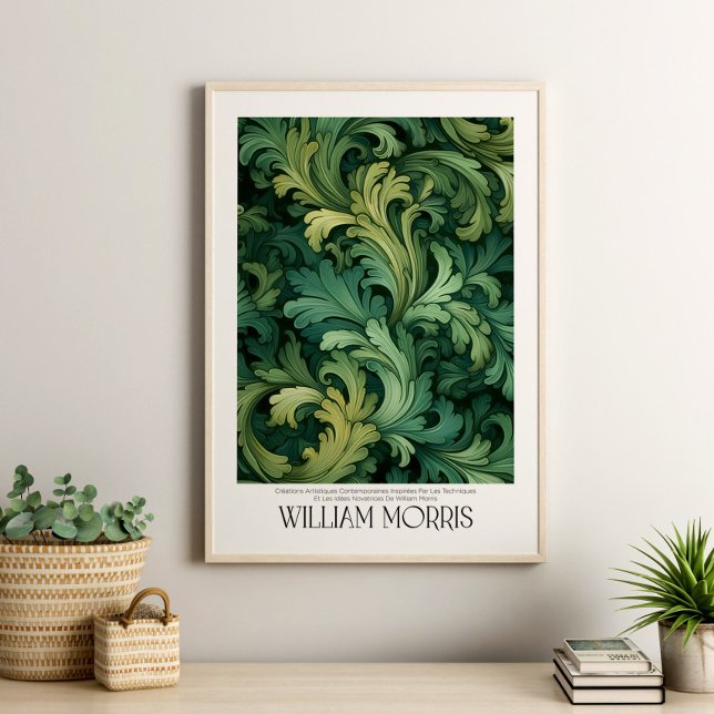 Poster William Morris Vintage Green deixa Botânica (William Morris Vintage Green Leaves Botanical Poster in a neutral boho living room with house plants)