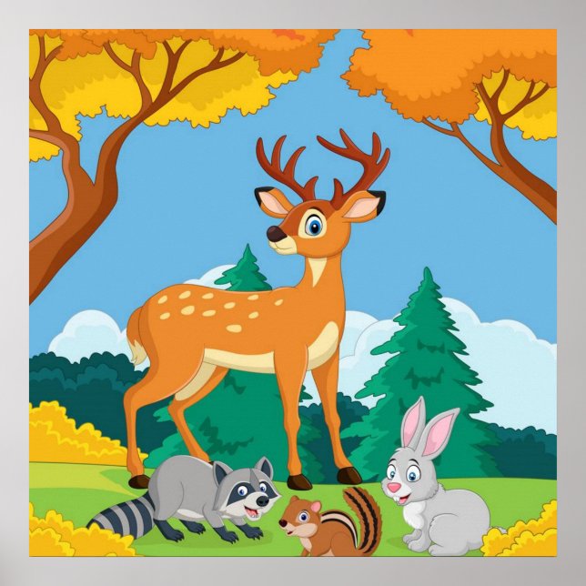 Poster Willife Raccoon Chipmunk Rabbit Deer Fall Landsca (Frente)