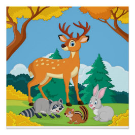 Pôster Willife Raccoon Chipmunk Rabbit Deer Fall Landsca