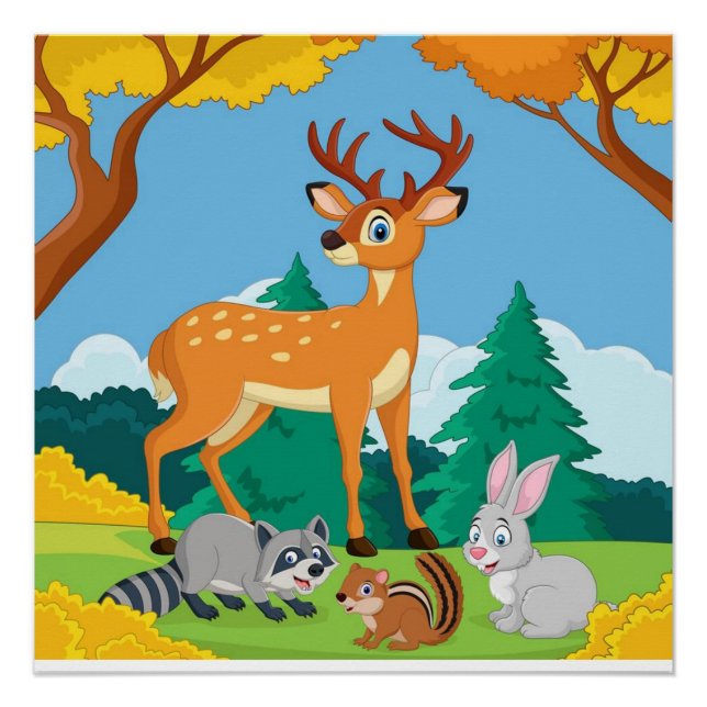 Pôster Willife Raccoon Chipmunk Rabbit Deer Fall Landsca (Frente)