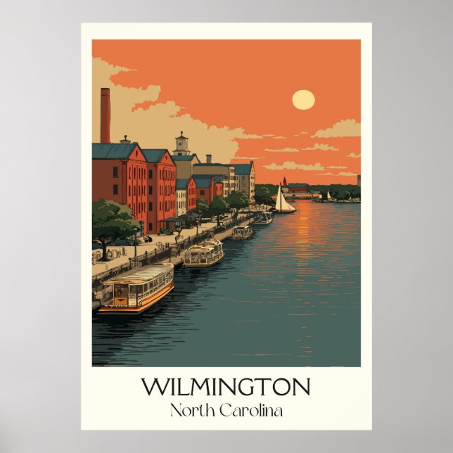Poster Wilmington NC Vintage Riverfront City Sunset Art (Frente)