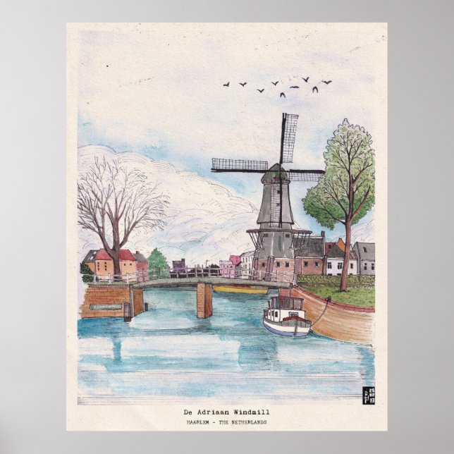 Poster Windmill De Adriaan Haarlem Países Baixos Watercol (Frente)